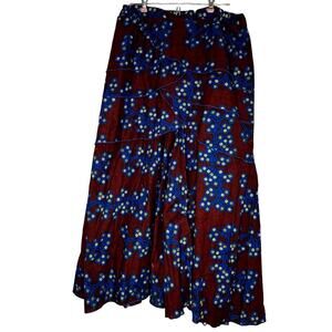 Vintage Tiered Ruffle Brown and Blue Boho Botanical Midi Skirt